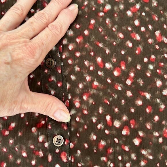 J Jill LS sheer blouse brown w/ red white print GUC last picture shows colors - Picture 11 of 16